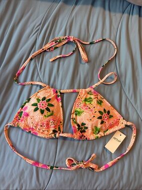 aerie Pink & Green Floral Triangle Bikini Top